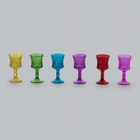 JG. 6 TAÇAS DE VIDRO ESCULPIDAS COLORIDAS 30ML