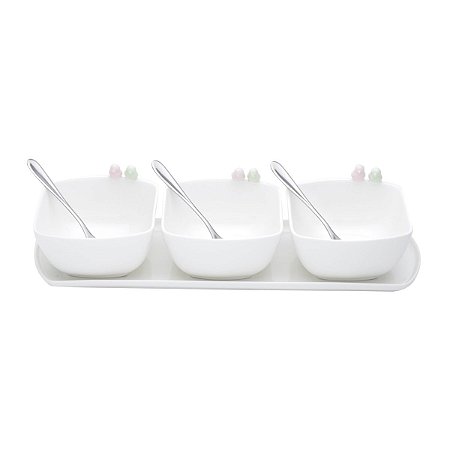 CJ 4PC SENDO 1 BANDEJA E 3 PETISQUEIRAS C/COLHER PORCELANA