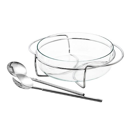SALADEIRA DE VIDRO C/BASE E TALHERES DE PRATA LYON 25CM