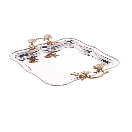 BANDEJA AÇO INOX C/ALÇA DOURADA 36x30x5cm
