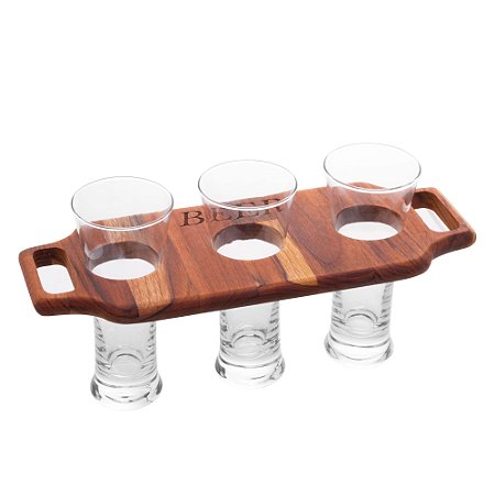 CJ 3 COPOS P/CERVEJA C/SUPORTE MADEIRA TECA 36x15x2cm 320ml