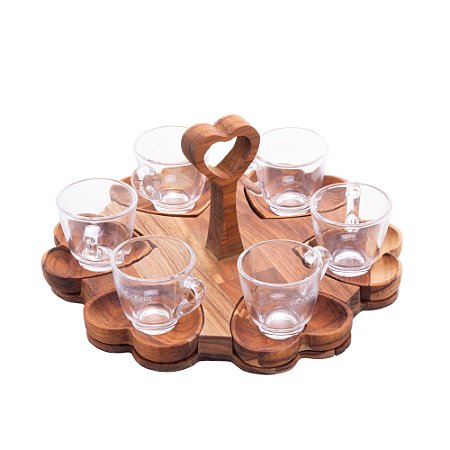 CJ 6 XÍCARAS CAFÉ C/PIRES SUPORTE MADEIRA TECA CORAÇÃO 65ml