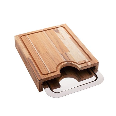 TÁBUA MADEIRA TECA P/CORTE C/BANDEJA AÇO INOX 35x29x7cm