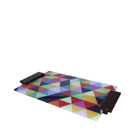 BANDEJA DE VIDRO E MADEIRA GEOMETRICO 51X29X3CM