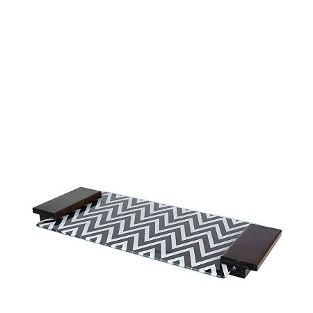 BANDEJA DE VIDRO E MADEIRA PRETO E BRANCO 51X29X3CM