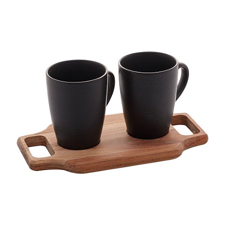 CJ 2 CANECAS CAFÉ C/BANDEJA MADEIRA TECA 26x15x12cm 350ml