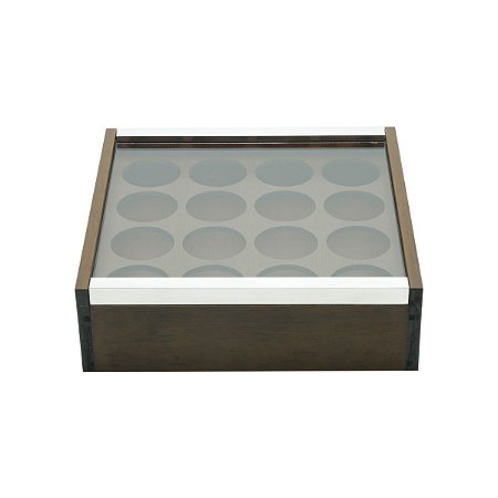 CAIXA DE MADEIRA C/TAMPA DE VIDRO TRÊS CORAÇÕES P/16 CÁPSULAS 22X6,5cm
