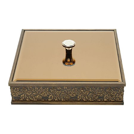 CAIXA DE MADEIRA C/TAMPA DE VIDRO BISOTÊ ACOBREADO FLORES 26X6cm