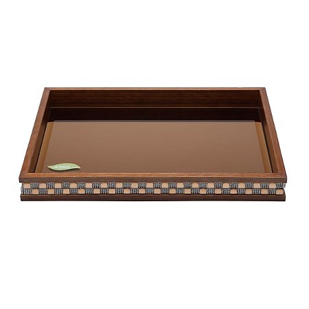 BANDEJA DE MADEIRA COM VIDRO BISOTÊ DIAMOND MARROM