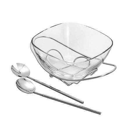 SALADEIRA DE VIDRO C/BASE E TALHERES DE PRATA FENICE 24CM