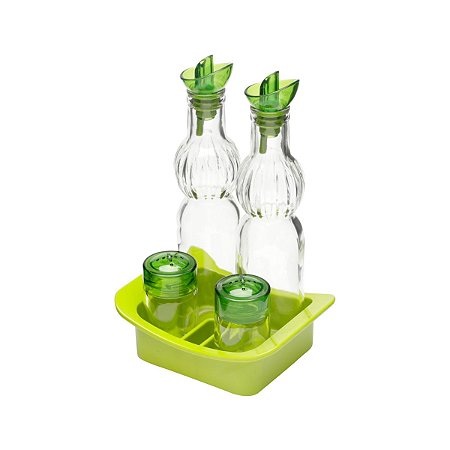 CJ 5PC GALHETEIRO DE VIDRO TRANSPARENTE E VERDE 200ml/70ml