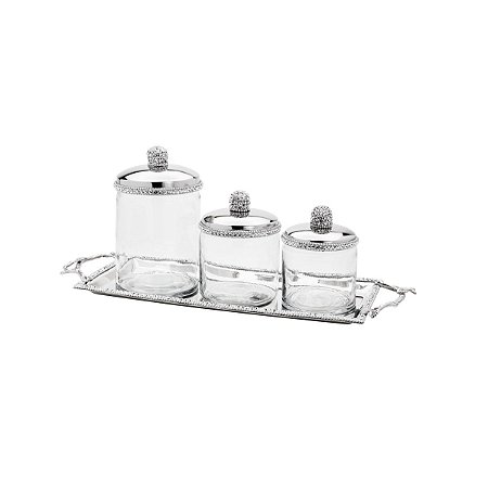 CJ 4 PC BANDEJA DE LATÃO NIQUELADO C/POTES DECORATIVOS