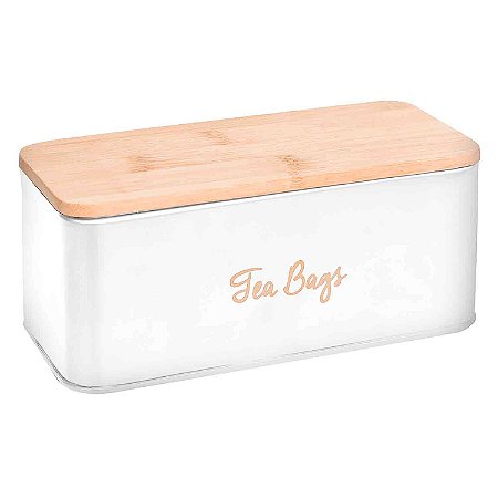 POTE PORTA CHA DE FERRO BRANCO COM TAMPA DE MADEIRA