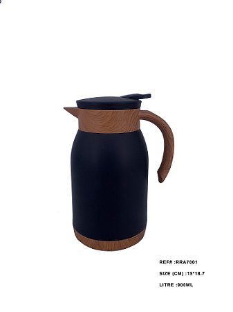 GARRAFA TERMICA DE INOX PRETO COM MADEIRA - 900ML