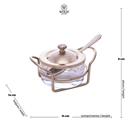 AÇUCAREIRO DE VIDRO E AÇO INOX COM COLHER E SUPORYE ITALY CHAMPANHE 14CM X 10CM X 8CM - WOLFF