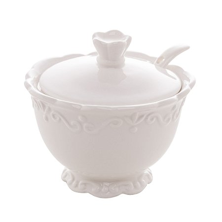 AÇUCAREIRO DE PORCELANA COM TAMPA E COLHER ALTO RELEVO BRANCO 10,5CM X 9,5CM - WOLFF