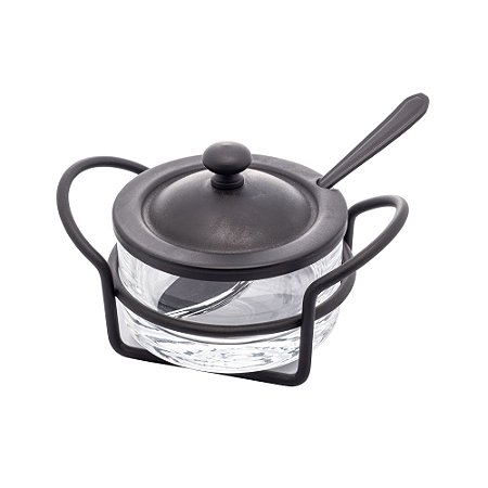AÇUCAREIRO DE AÇO INOX E VIDRO COM COLHER E SUPORTE ITALY PRETO FOSCO 14CM X 8CM - WOLFF