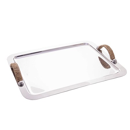 BANDEJA DE AÇO INOX COM ALÇA EM SISAL NATURE 43CM X 34CM - WOLFF