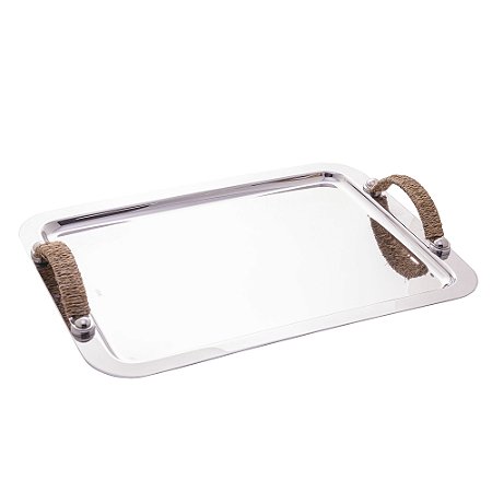 BANDEJA DE AÇO INOX COM ALÇA EM SISAL NATURE 40,5CM X 29,5CM X 6CM - WOLFF