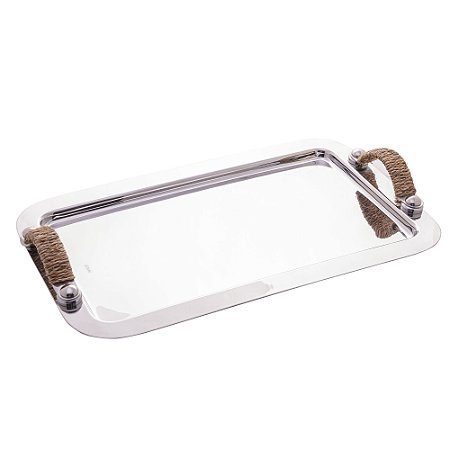 BANDEJA DE AÇO INOX COM ALÇA EM SISAL NATURE 37CM X 23CM - WOLFF