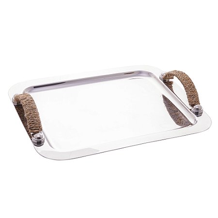 BANDEJA DE AÇO INOX COM ALÇA EM SISAL NATURE 33CM X 27CM - WOLFF
