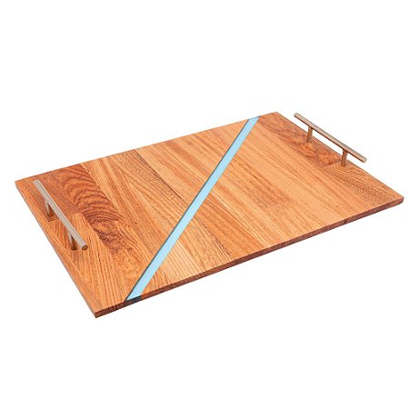 BANDEJA DE MADEIRA CEREJEIRA COM ALÇA E RESINA DIAGONAL 45CM X 30CM X 4,5CM - WOLFF CRAFT