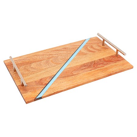 BANDEJA DE MADEIRA CEREJEIRA COM ALÇA E RESINA DIAGONAL 38CM X 23CM X 4,5CM - WOLFF CRAFT