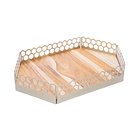 BANDEJA DE AÇO INOX COM FUNDO TECA COLMÉIA CHAMPANHE 40CM X 26CM X 7CM - WOLFF CRAFT