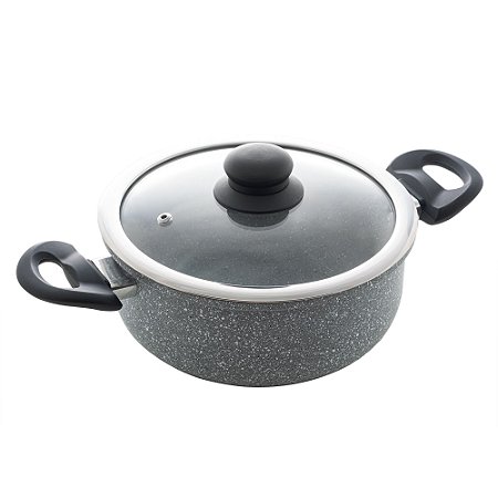CAÇAROLA DE INDUÇÃO EM ALUMÍNIO COM REVESTIMENTO CERÂMICO E TAMPA DE VIDRO GRANILITE CINZA 24CM -