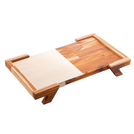 BANDEJA RETANGULAR DE MADEIRA COM AÇO INOX TECA CHAMPANHE 48CM X 28CM X 7CM - WOLFF CRAFT