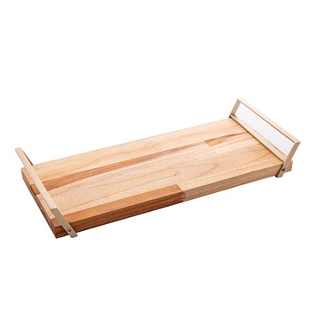 BANDEJA RETANGULAR DE MADEIRA COM AÇO INOX TECA CHAMPANHE 41CM X 17CM X 6CM - WOLFF CRAFT