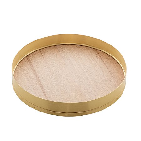 BANDEJA REDONDA ESCOVADA COM FUNDO EM MADEIRA JADE DOURADA 36CM - WOLFF