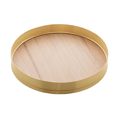 BANDEJA REDONDA ESCOVADA COM FUNDO EM MADEIRA JADE DOURADA 30CM - WOLFF
