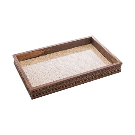 BANDEJA DE MADEIRA COM SISAL TRANÇADO NATURAL 30CM X 17CM X 4CM - WOODART