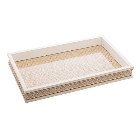BANDEJA DE MADEIRA COM SISAL TRANÇADO BRANCA 45CM X 30CM X 4CM - WOODART
