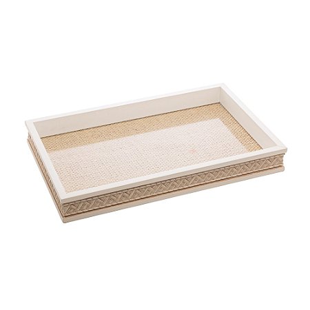 BANDEJA DE MADEIRA COM SISAL TRANÇADO BRANCA 37,5CM X 23,5CM X 4CM - WOODART