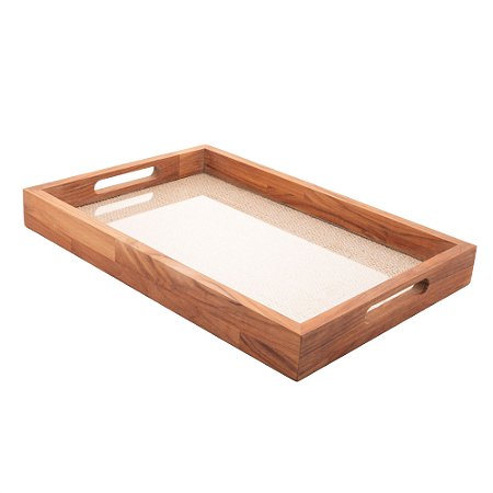 BANDEJA DE MADEIRA COM SISAL TECA 45CM X 30CM X 5CM - WOLFF CRAFT