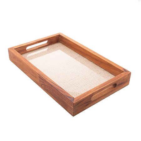 BANDEJA DE MADEIRA COM SISAL TECA 39CM X 25CM X 5CM - WOLFF CRAFT