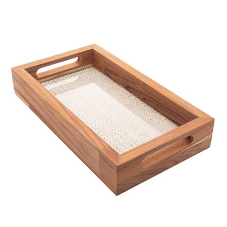 BANDEJA DE MADEIRA COM SISAL TECA 30CM X 17CM X 5CM - WOLFF CRAFT