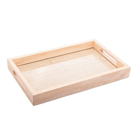 BANDEJA DE MADEIRA COM SISAL PINUS 38CM X 24CM X 4CM - WOODART