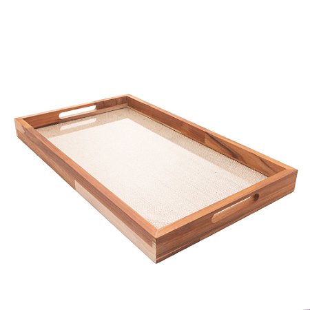 BANDEJA DE MADEIRA COM SISAL E FUNDO DE VIDRO TECA 71CM X 51,5CM X 5CM - WOLFF CRAFT