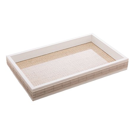 BANDEJA DE MADEIRA COM SISAL E BAMBU BRANCA 45CM X 30CM X 4CM - WOODART