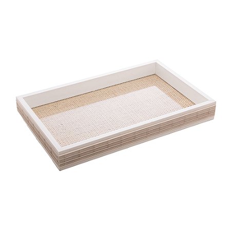 BANDEJA DE MADEIRA COM SISAL E BAMBU BRANCA 37,5CM X 23,5CM X 4CM - WOODART