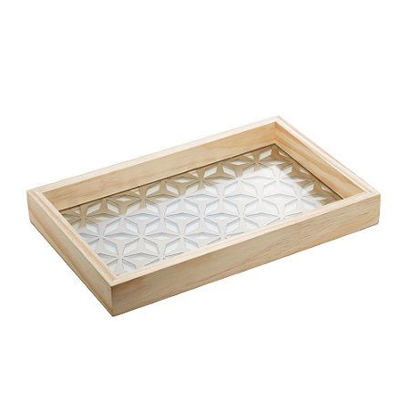 BANDEJA DE MADEIRA COM FUNDO DE VIDRO PINUS 38CM X 24CM X 4,5CM - WOODART