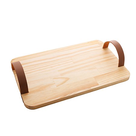 BANDEJA DE MADEIRA COM ALÇA EM COURO PINUS 40CM X 25CM X 8CM - WOODART