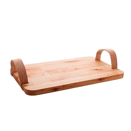 BANDEJA DE MADEIRA COM ALÇA EM COURO LIPTUS 40CM X 25CM X 5CM - WOODART