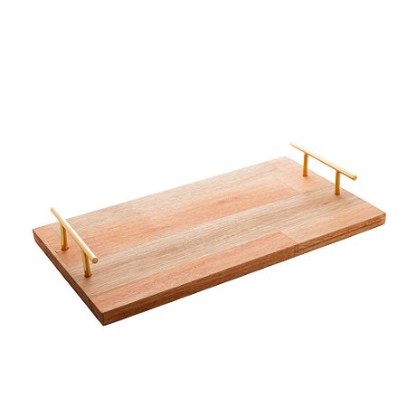 BANDEJA DE MADEIRA COM ALÇA DOURADA LIPTUS 45CM X 25CM X 7CM - WOODART