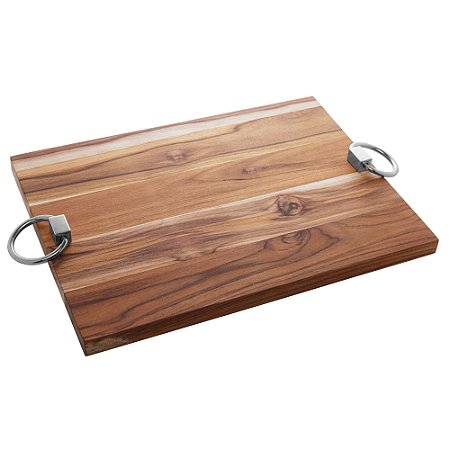BANDEJA DE MADEIRA COM ALÇA ARGOLA TECA PRATA 45CM X 30CM X 5CM - WOLFF CRAFT