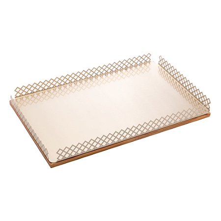 BANDEJA DE MADEIRA COM AÇO INOX TECA CHAMPANHE 48CM X 31CM X 5CM - WOLFF CRAFT