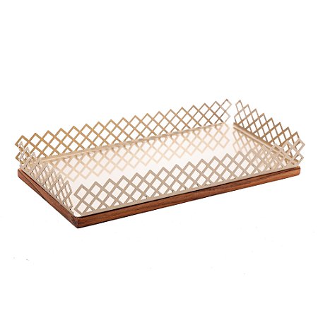 BANDEJA DE MADEIRA COM AÇO INOX TECA CHAMPANHE 31CM X 15,5CM X 5CM - WOLFF CRAFT